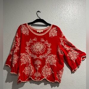 Solitaire Embroidered Bright orange Top Size L Scalloped Boxy Boho.